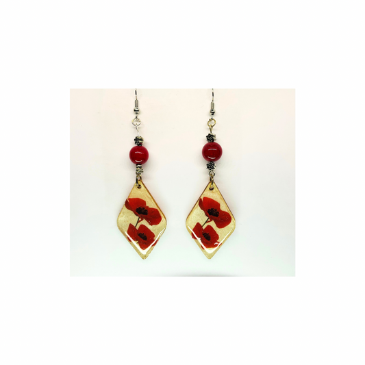 French Garden Collection Wood Diamond Shape with Red Flowers and Red Bead Dangle Earrings