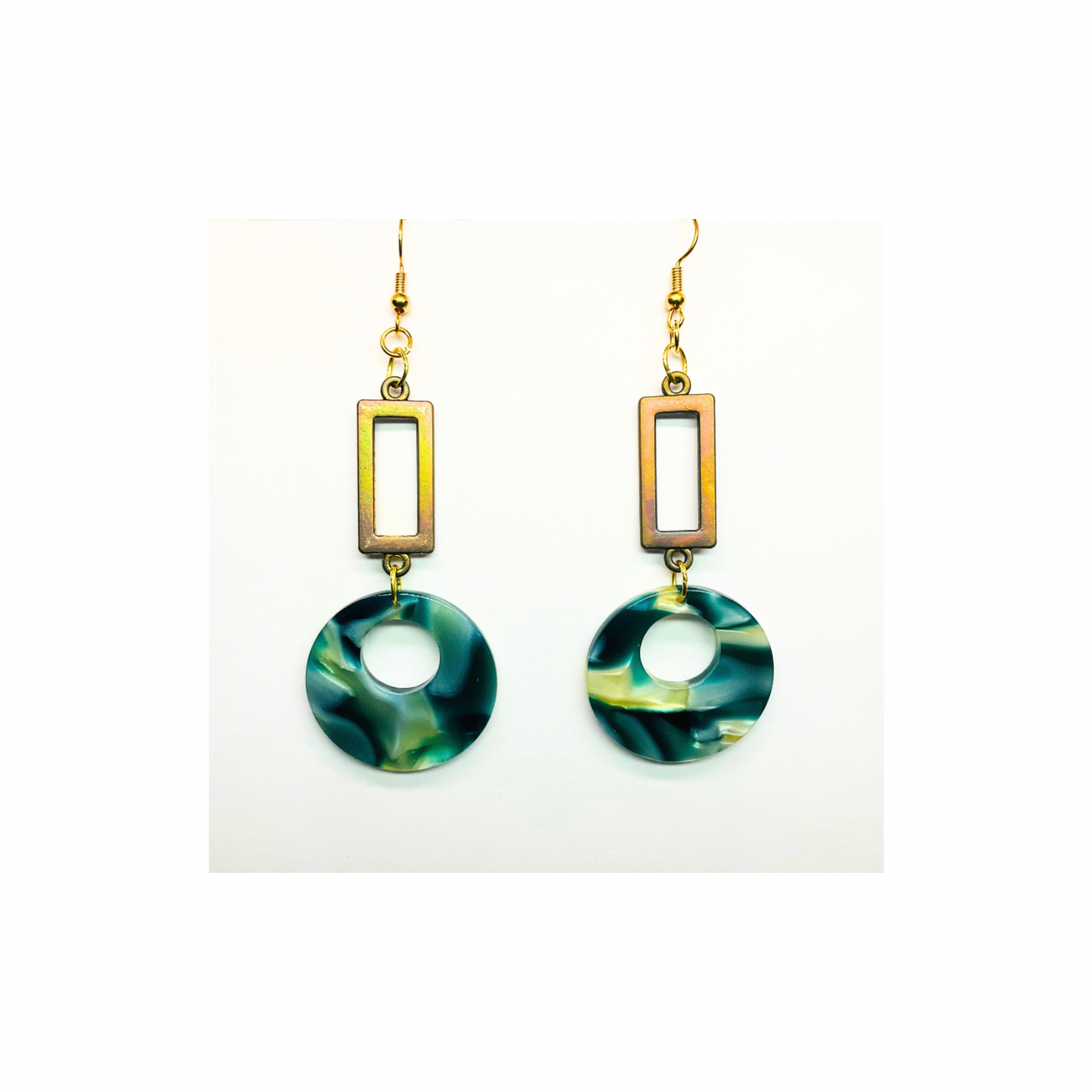 Tortoise Collection Green Circle with Rectangle Earrings - Hook Earrings with Unique Design Elements for Stylish Appeal