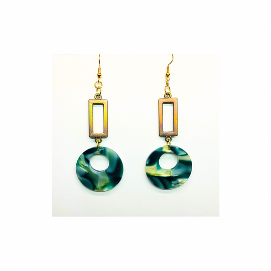 Tortoise Collection Green Circle with Rectangle Earrings - Hook Earrings with Unique Design Elements for Stylish Appeal