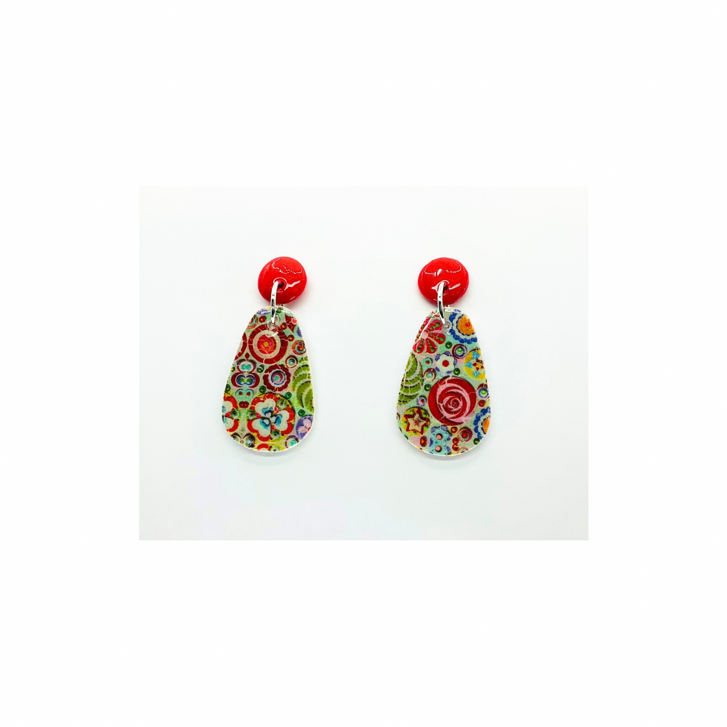 Whimsical Red and Green Dangle Earrings with Red Button Stud