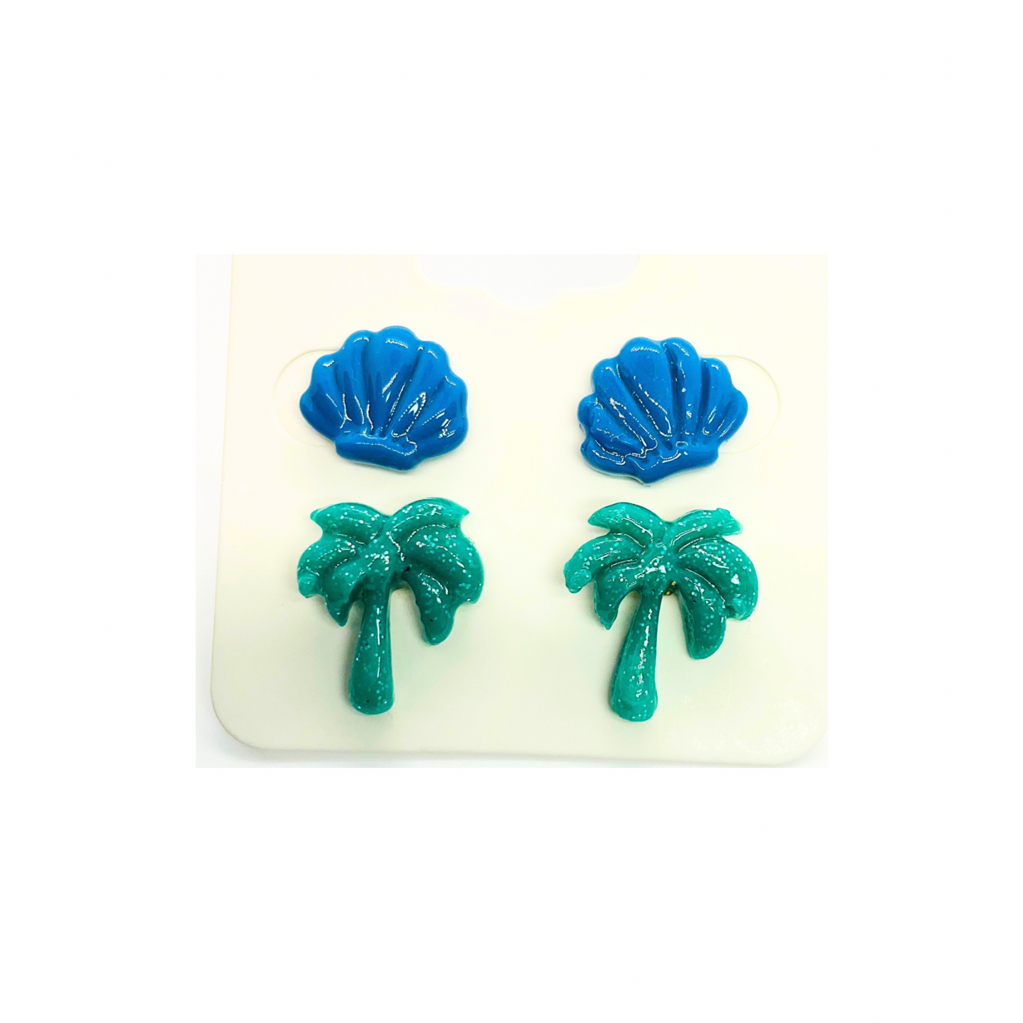 Ocean Collection Blue Shells & Green Palm Tree Stud Earrings - Unique Design Jewelry for Women