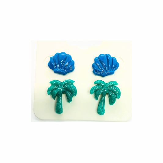 Ocean Collection Blue Shells & Green Palm Tree Stud Earrings - Unique Design Jewelry for Women