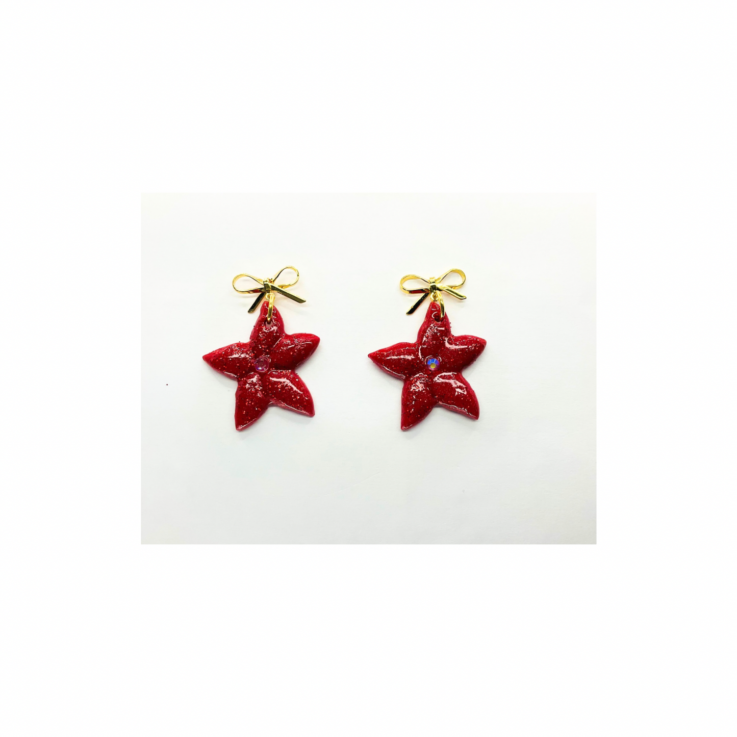 Red Sparkle Poinsettia with Gold Bow Stud Dangle Earrings for Festive Wear