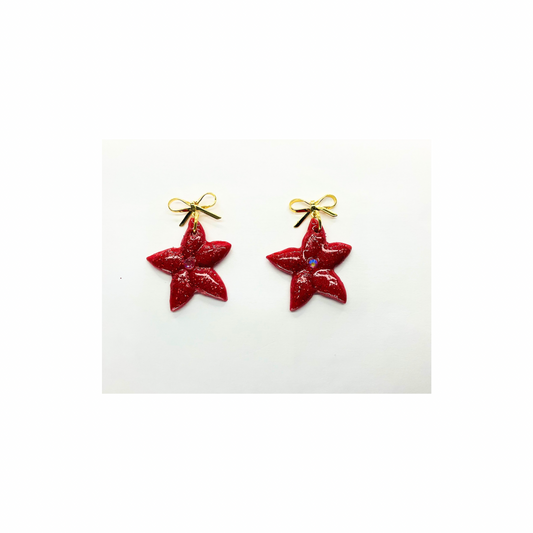 Red Sparkle Poinsettia with Gold Bow Stud Dangle Earrings for Festive Wear