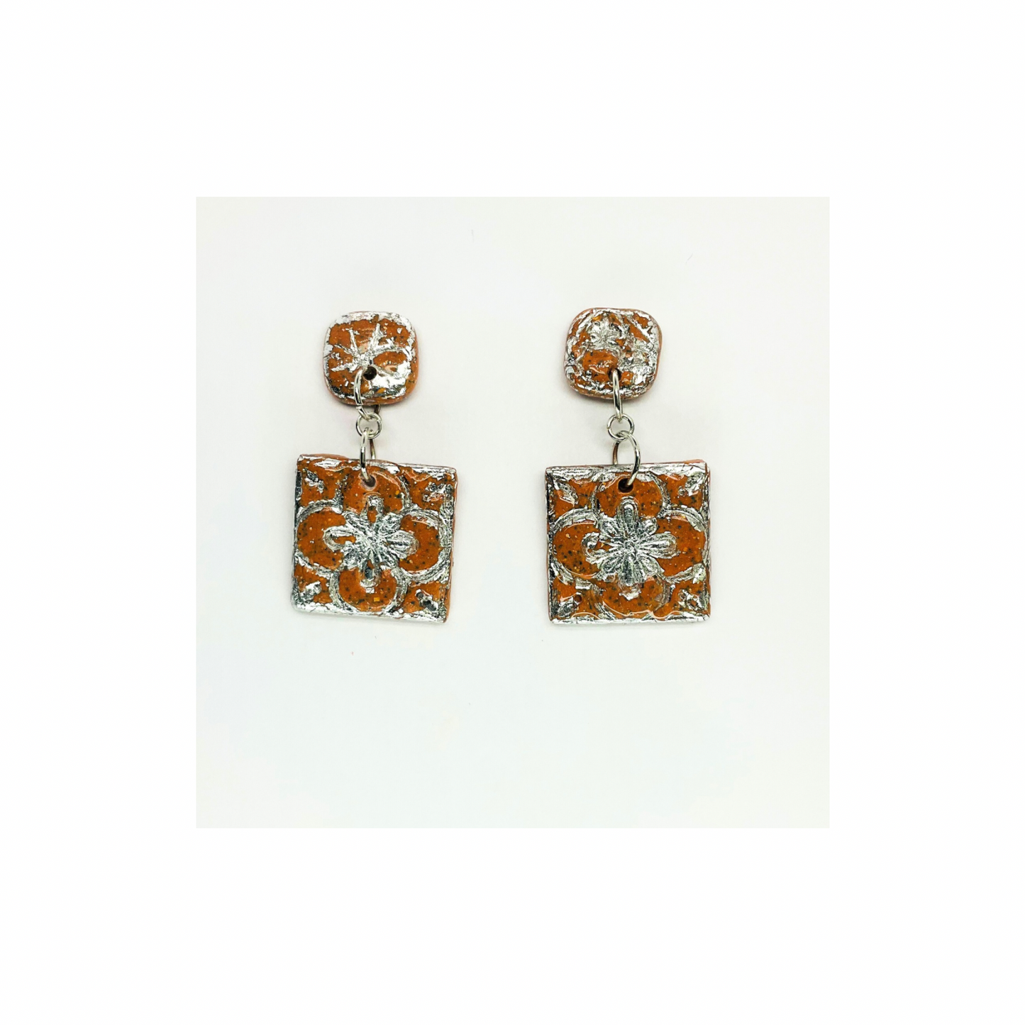 Terracotta Tile Stud Square with Silver Accents Dangle Earrings - Teracotta and Silver Design