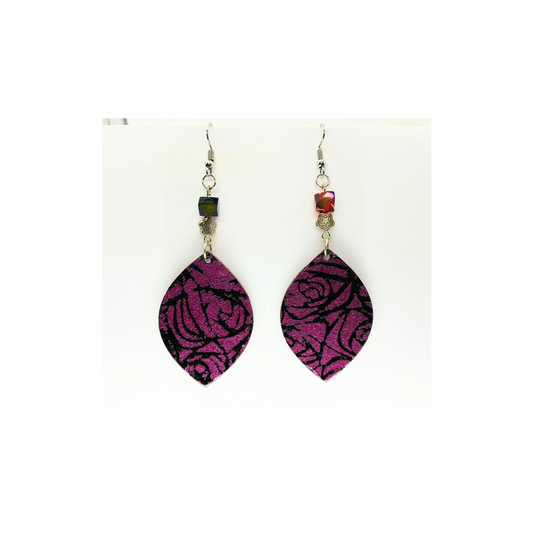 Iridescent Fuchsia Rose Dangle Earrings with Silver Flower