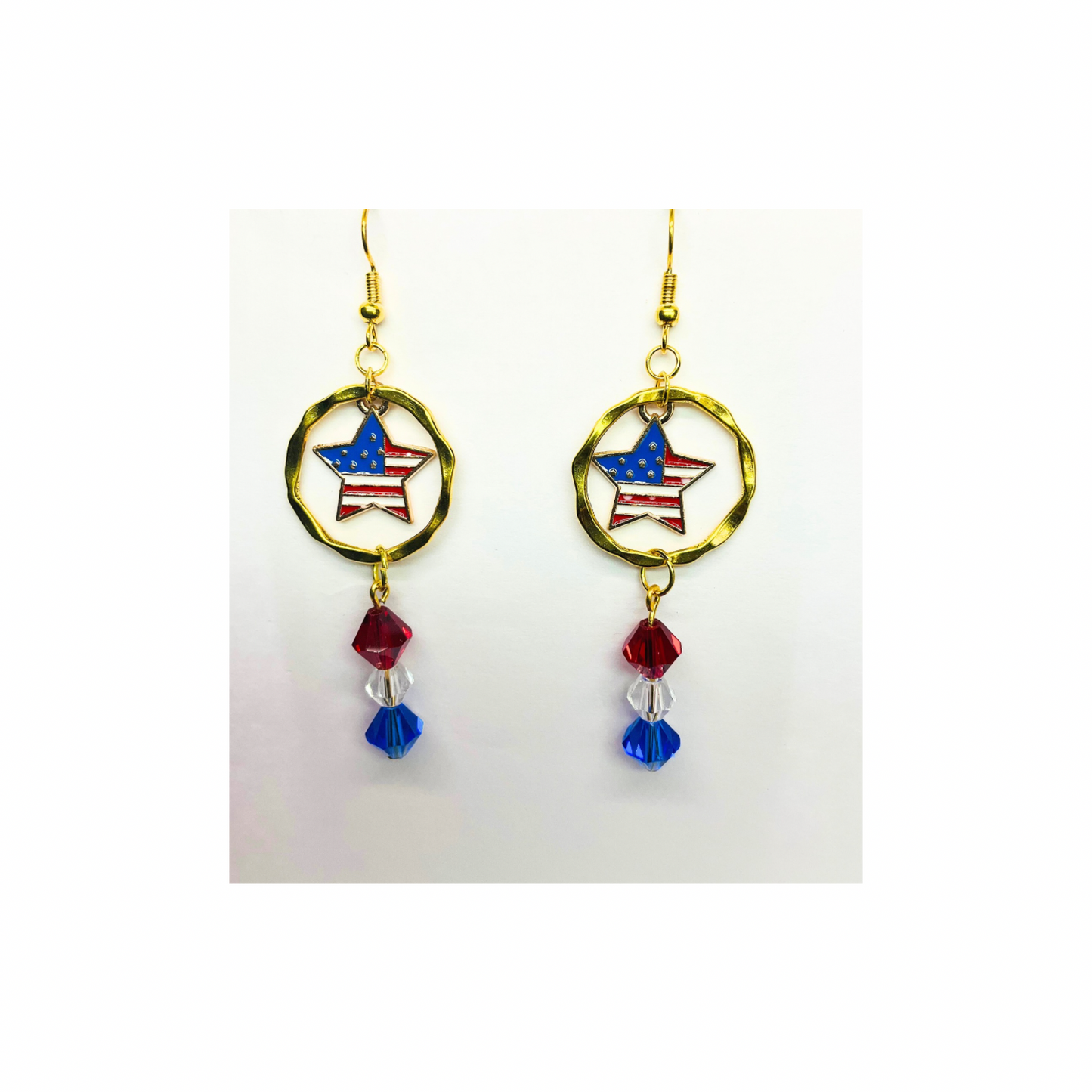 Patriotic Collection Star Flag Charm with Bead Dangle Earrings for Women - Patriotic Accessory with Red Blue & Clear Bead