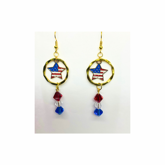 Patriotic Collection Star Flag Charm with Bead Dangle Earrings for Women - Patriotic Accessory with Red Blue & Clear Bead