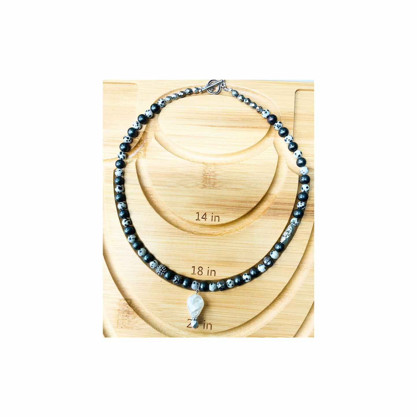 Dark Gray & Pewter Beaded 18-Inch Necklace with Pearl Drop and  Silver Toggle Fastener for Versatile Wear