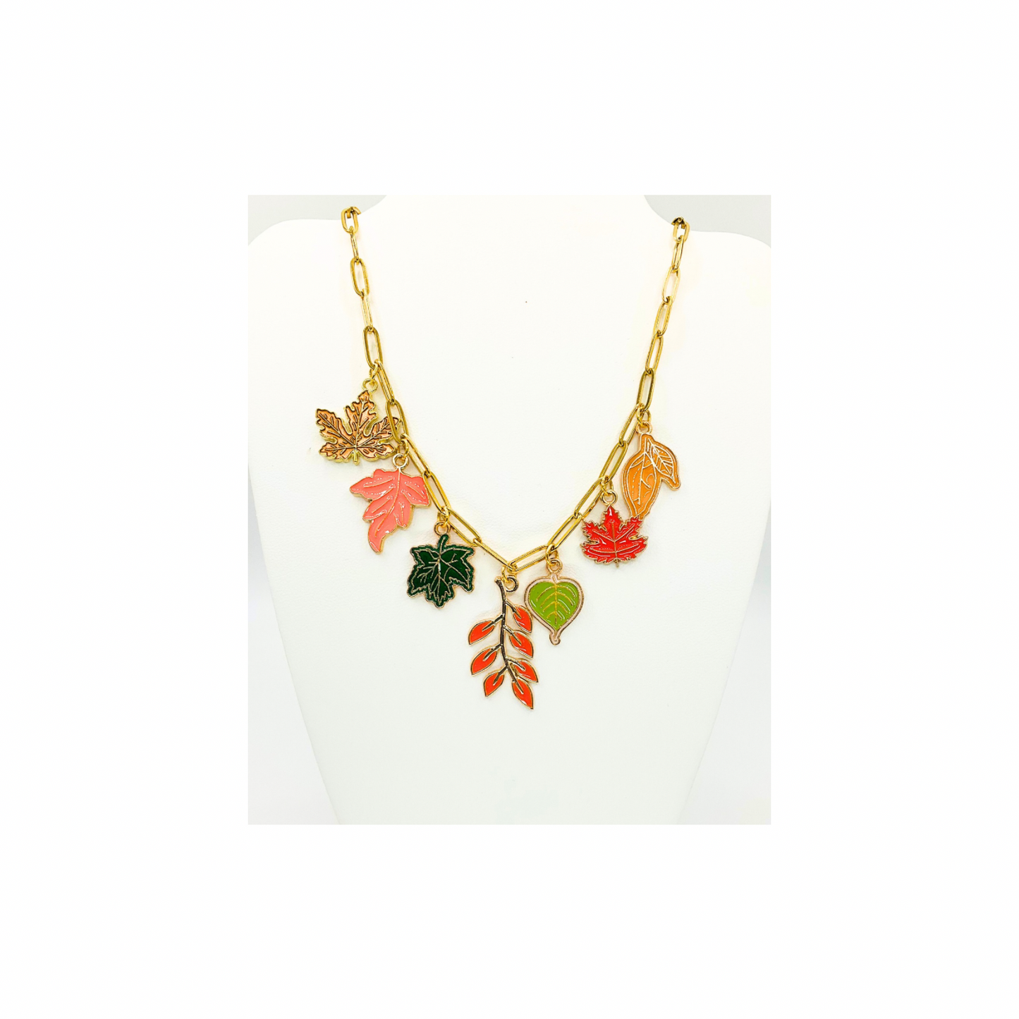 Fall Collection Charm 18-Inch Paperclip Necklace and Bracelet Set with Vibrant Leaf Charms for Seasonal Style