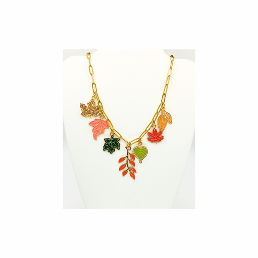 Fall Collection Charm 18-Inch Paperclip Necklace and Bracelet Set with Vibrant Leaf Charms for Seasonal Style