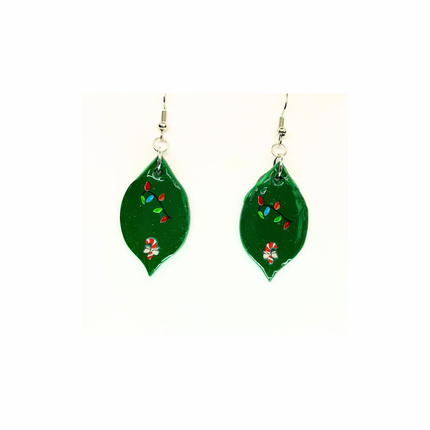 Christmas in July Collection Green Ornament with Candy Cane Dangle Earrings