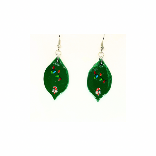 Christmas in July Collection Green Ornament with Candy Cane Dangle Earrings