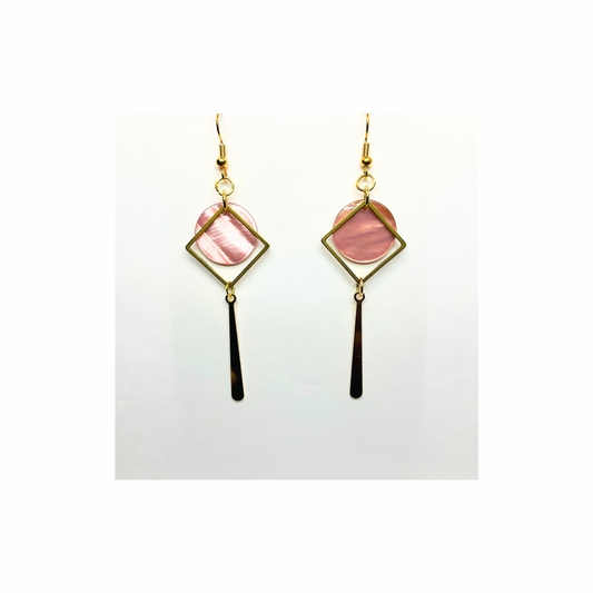 Pink Shell Collection Pink Circle with Gold Accent Dangle Earrings - Geometric Design & Elegant Pink Shell Accents