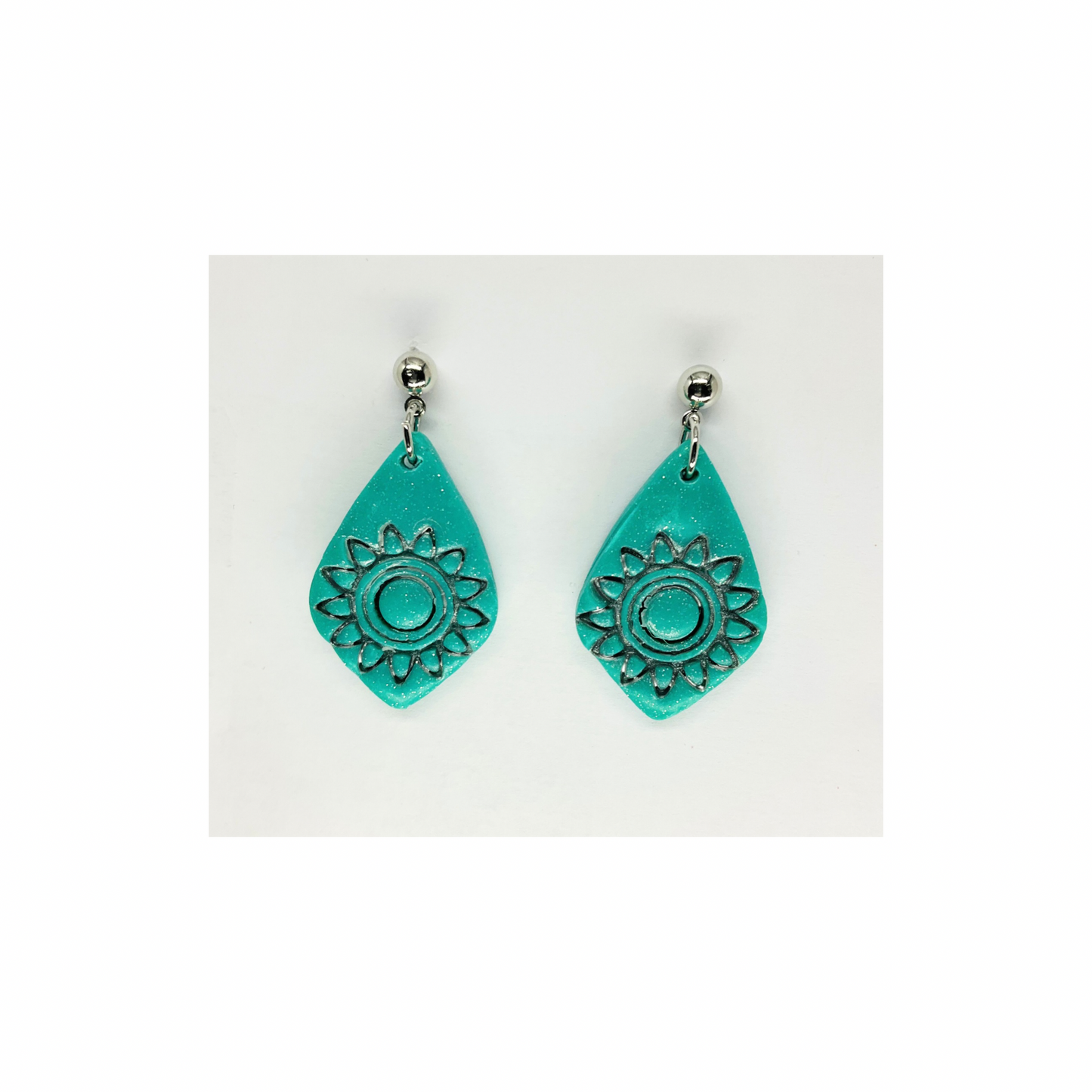Turquoise Starburst Teardrop with Silver Ball Stud Dangle Earring-Crafting By BB