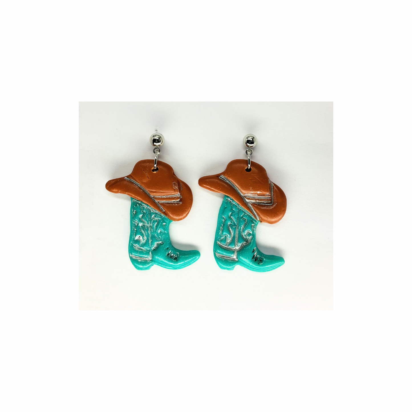 Turquoise Boots and Brown Hat with Silver Ball Stud Dangle Earrings-Crafting By BB