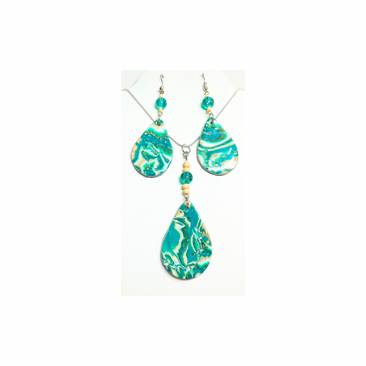 Faux Oyster Turquoise Necklace & Earring Set - Handmade with Polymer Clay & Beading, Unique Design