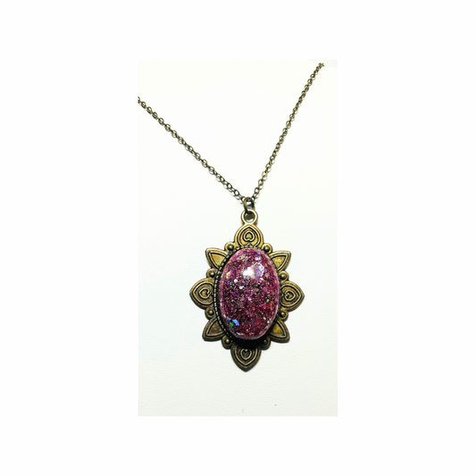 Antique Gold Pink Sparkle Pendant 18-inch Necklace with Elegant Design and Chain