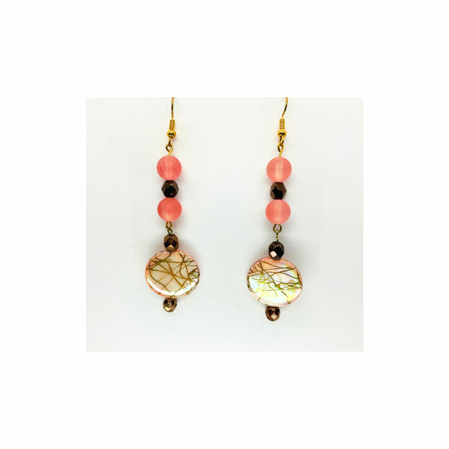 Pearl Pink and Gold Disk Dangle with Pink and Bronze Beads