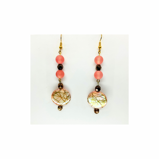 Pearl Pink and Gold Disk Dangle with Pink and Bronze Beads