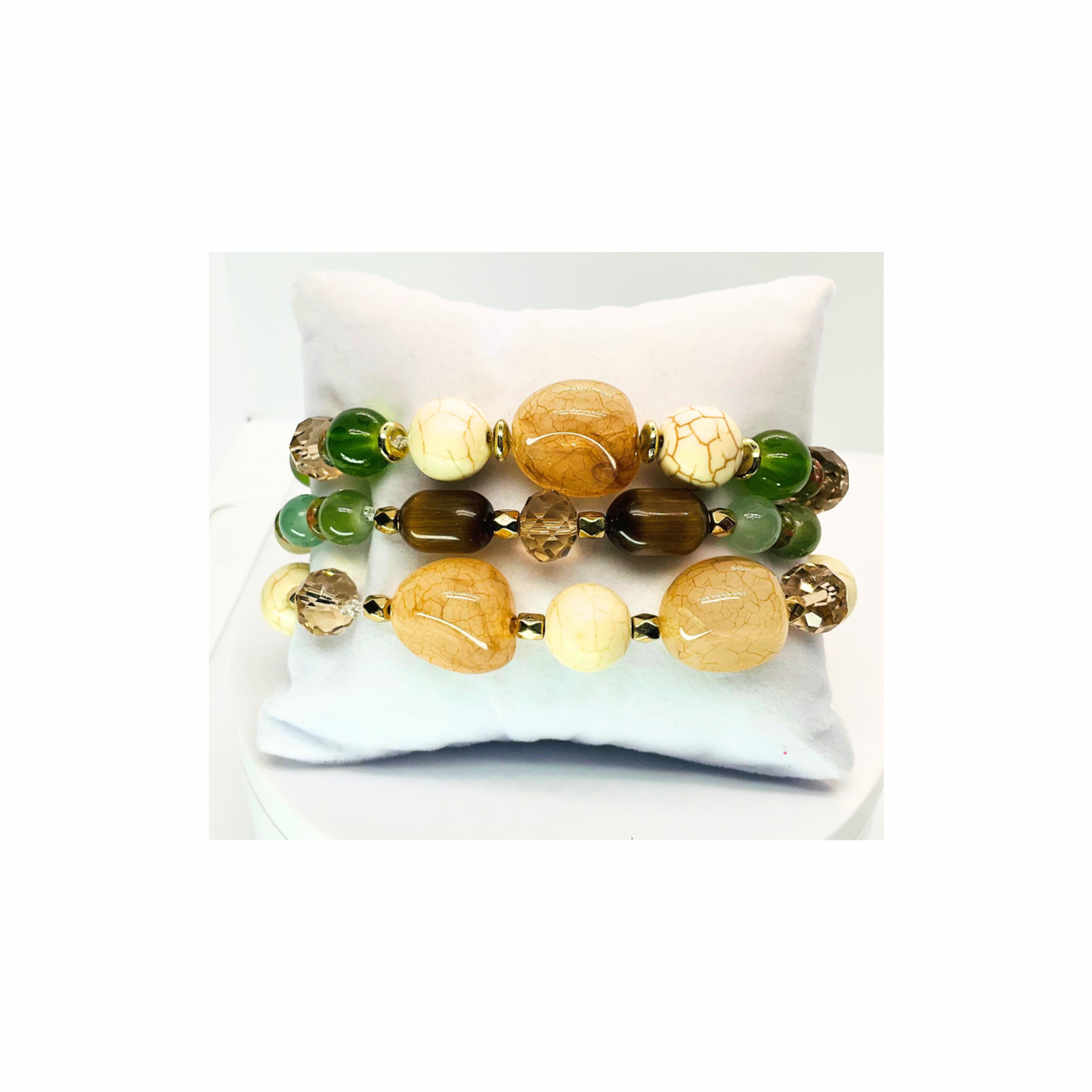 Cream and Green Set of Three Stretch 7-Inch Beaded Bracelet Set with Unique Bead Designs for Everyday Wear