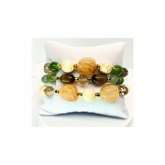 Cream and Green Set of Three Stretch 7-Inch Beaded Bracelet Set with Unique Bead Designs for Everyday Wear