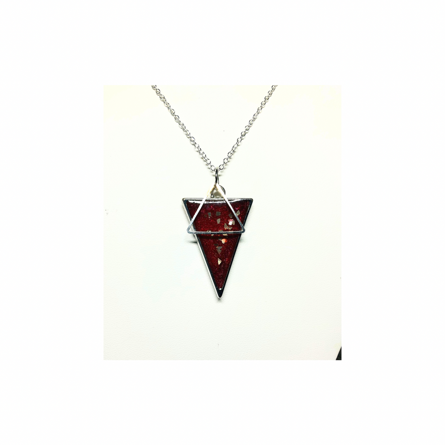 Deep Red and Silver Triangle Necklace with 18-inch Silver Chain Elegant Jewelry Accessory