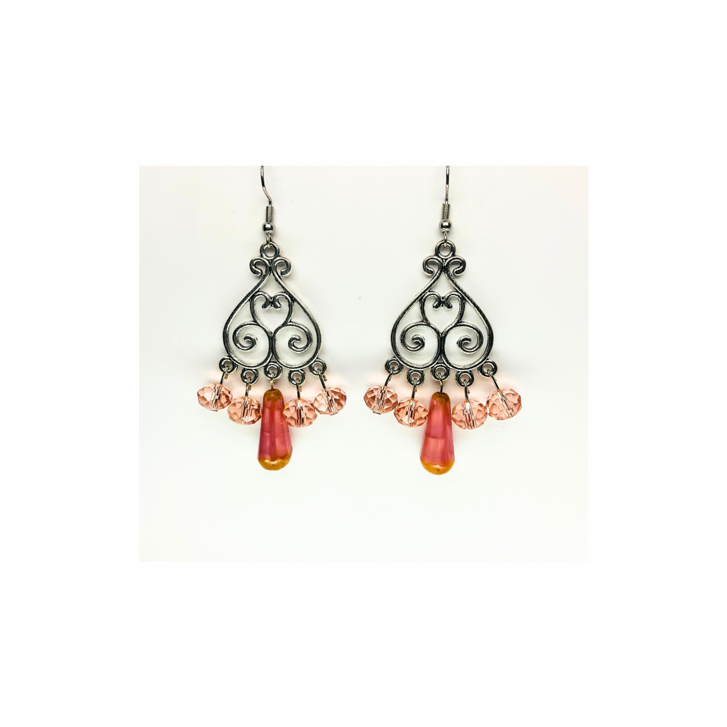 Crystal Chandelier Collection Teardrop Dangle Earrings with Pink and Orange Beads and Intricate Design