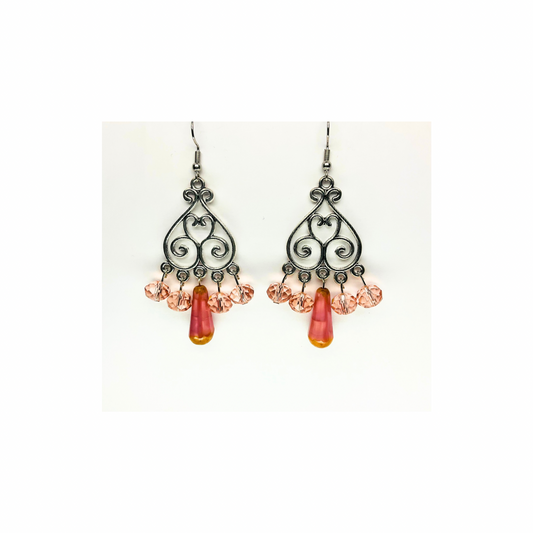 Crystal Chandelier Collection Teardrop Dangle Earrings with Pink and Orange Beads and Intricate Design