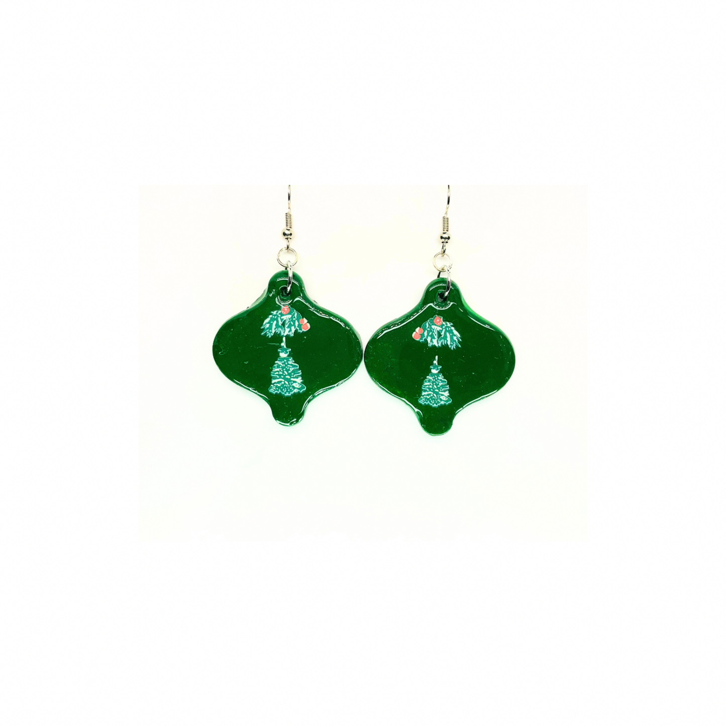 Christmas in July Collection Green Ornament with Tree Embellishment Dangle Earrings Festive Design