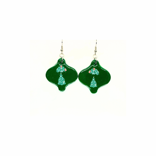 Christmas in July Collection Green Ornament with Tree Embellishment Dangle Earrings Festive Design