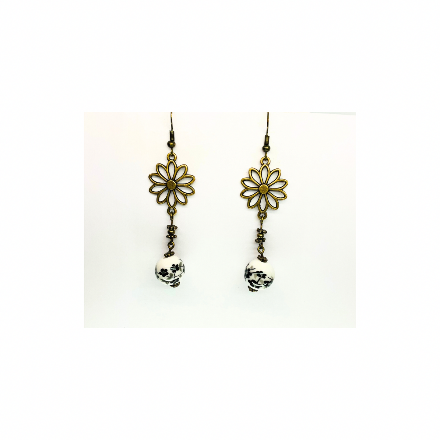 Porcelain Bead Collection Daisy Bronze Dangle Earrings with Floral Design and Porcelain Beads