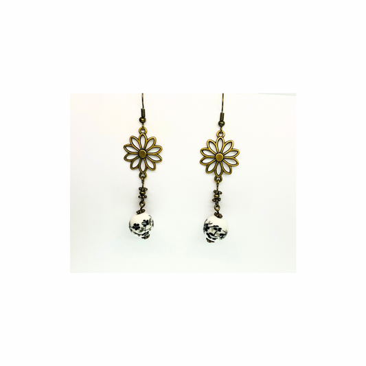 Porcelain Bead Collection Daisy Bronze Dangle Earrings with Floral Design and Porcelain Beads