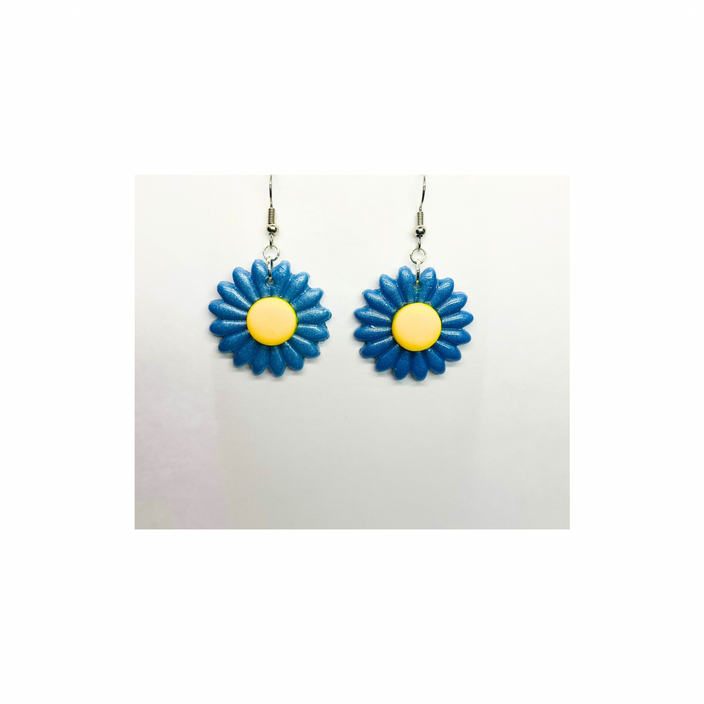 Blue Sunflower Dangle Earring with a Yellow Center