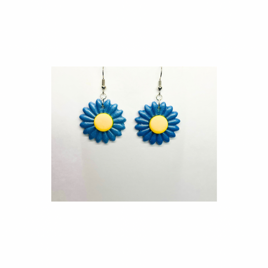 Blue Sunflower Dangle Earring with a Yellow Center