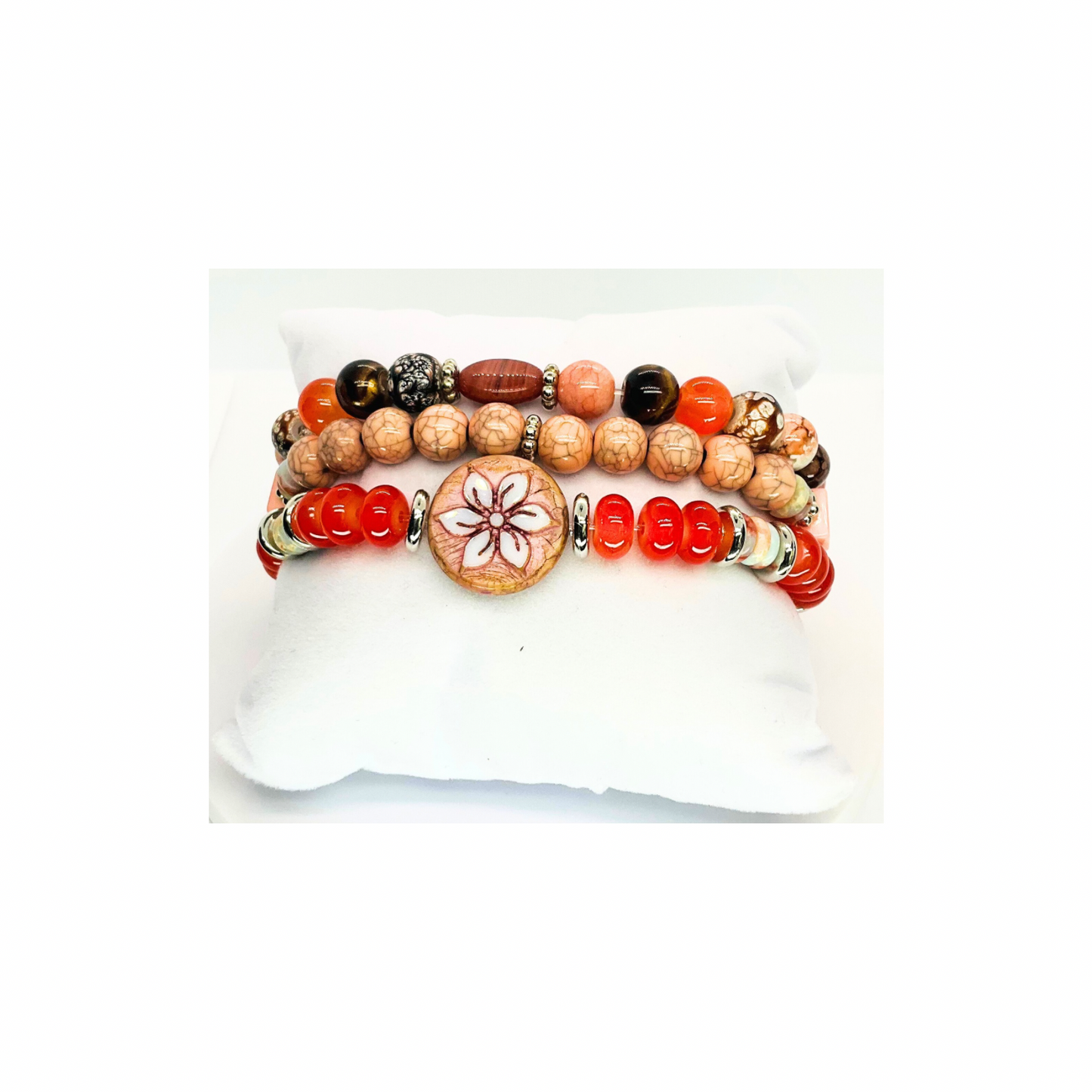Coral Stacked Stretch Beaded Set of Three Bracelets with Natural Coral Beads for Stylish and Comfortable Wear