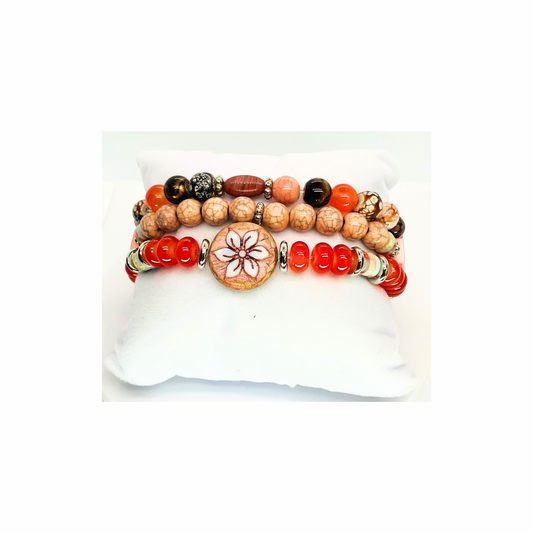 Coral Stacked Stretch Beaded Set of Three Bracelets with Natural Coral Beads for Stylish and Comfortable Wear