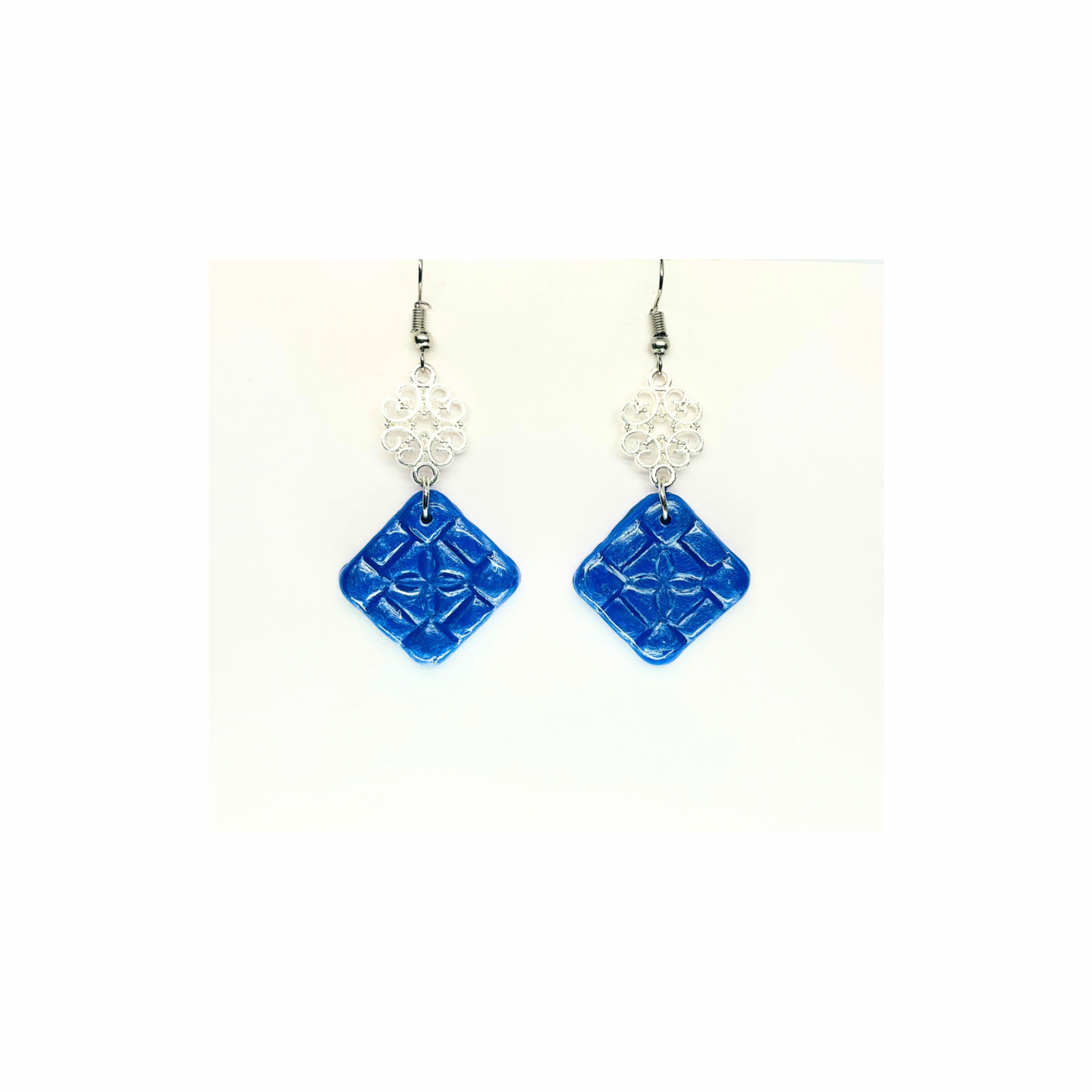 Blue Tile 133 with Silver Charm Dangle Earrings - Square Design & Blue Color Only