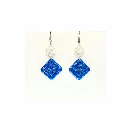 Blue Tile 133 with Silver Charm Dangle Earrings - Square Design & Blue Color Only