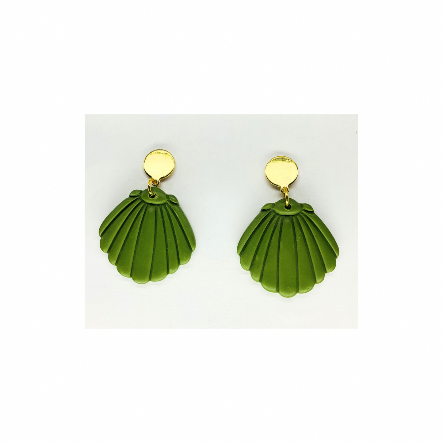Olive Green Shell Dangle with Gold Button Stud Earrings-Crafting By BB