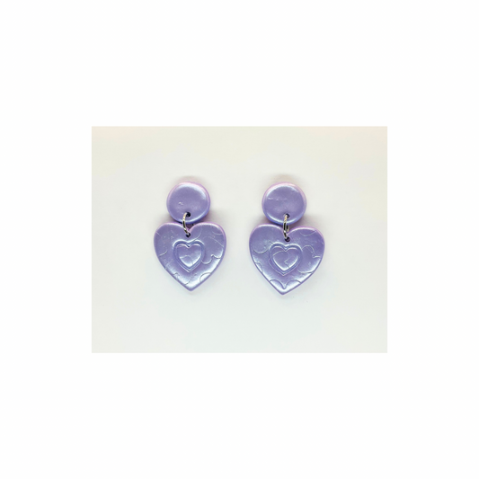 Light Purple Iridescent Stud with Pressed Hearts Dangle Earrings