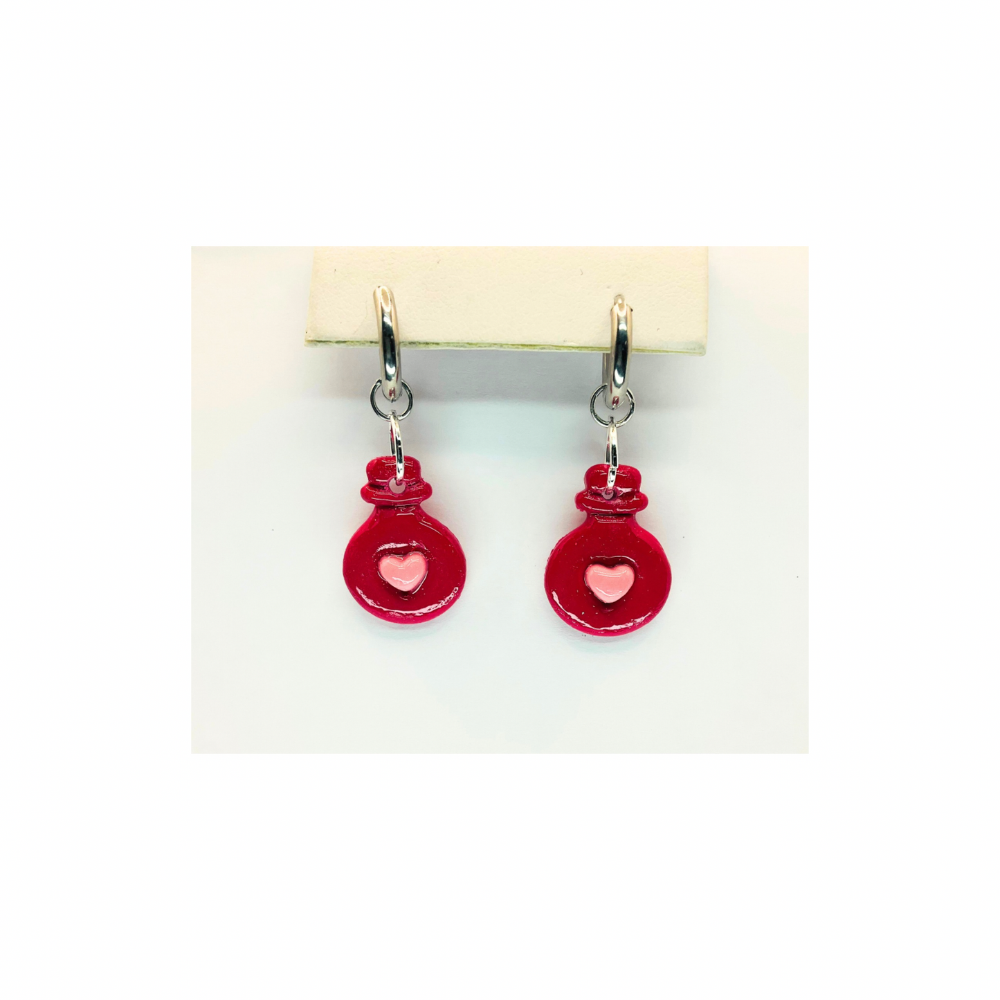 Small Red Globe with Light Pink Heart on Silver Hoop Dangle