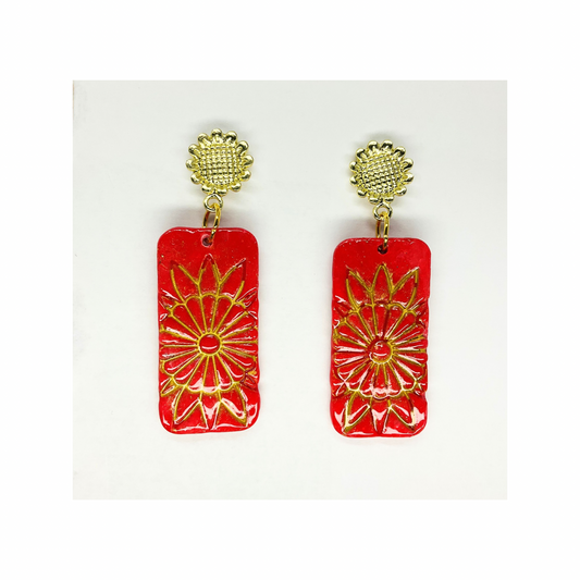Red and Gold Rectangle Flower Dangle with Gold Stud Earring-Crafting By BB
