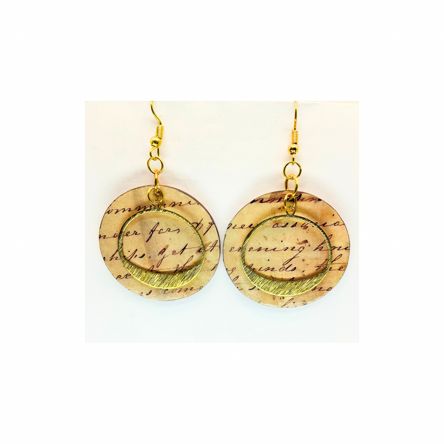 Dangle Earrings Round Wood with Tarnished Gold Circle Embellishment
