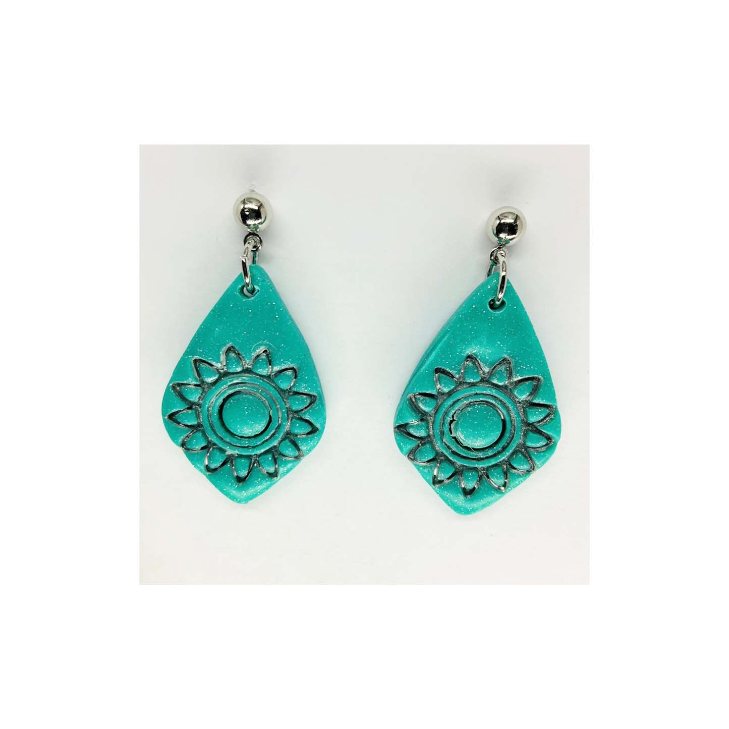 Turquoise Starburst Teardrop with Silver Ball Stud Dangle Earring-Crafting By BB