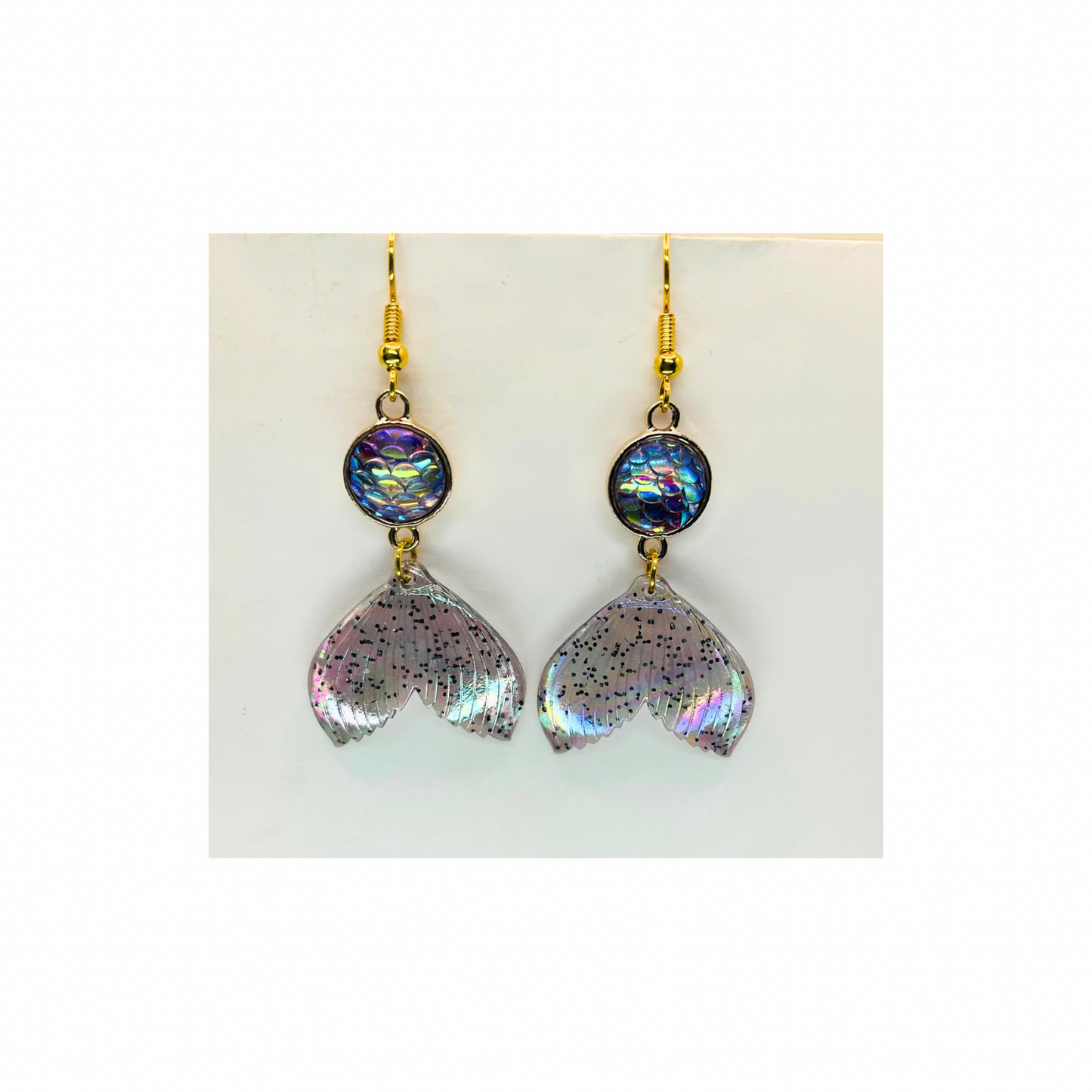Mermaid Iridescent Tail Dangle with Iridescent Circle Bead Earrings