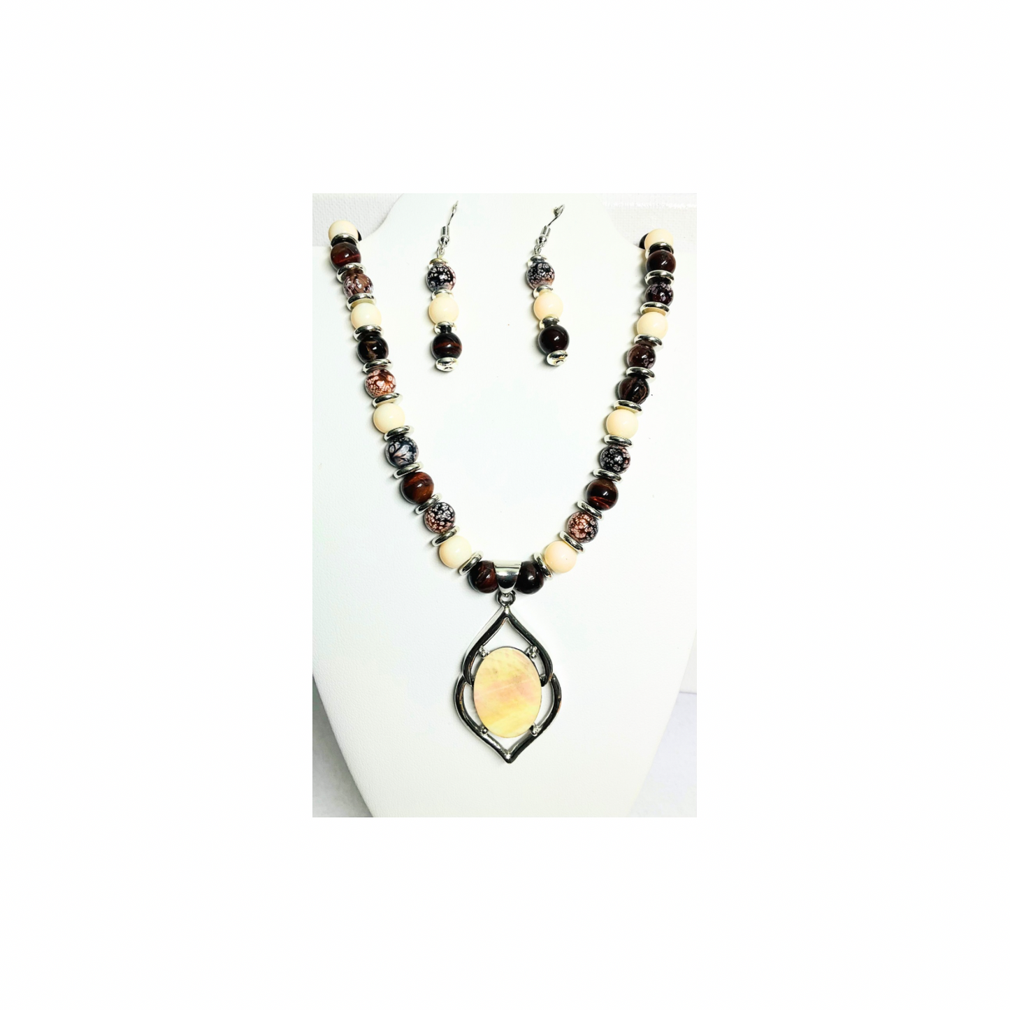 Beaded Necklace and Dangle Earring Set: Mother of Pearl Pendant