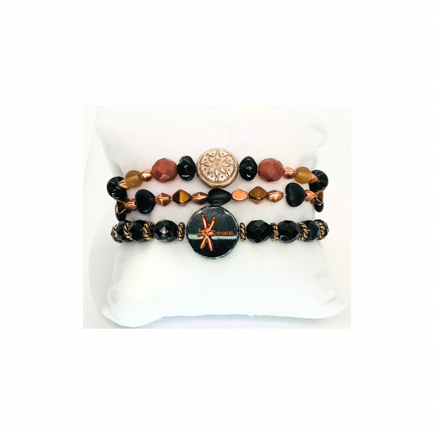Black and Bronze Dragonfly Stretch Stacked Set of Three Bracelets with Unique Bead Designs and Adjustable Fit for Everyday Wear
