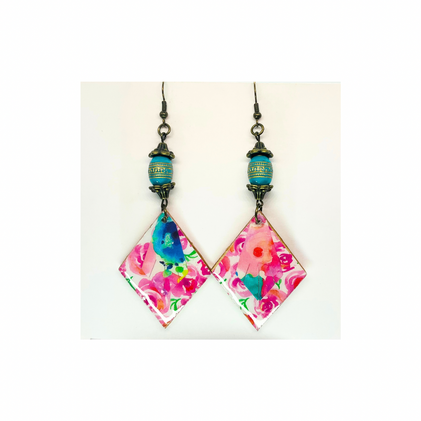 Boho Wood Floral Dangle Earring Handcrafted Turquoise Bead & Wooden Diamond Shape Earrings