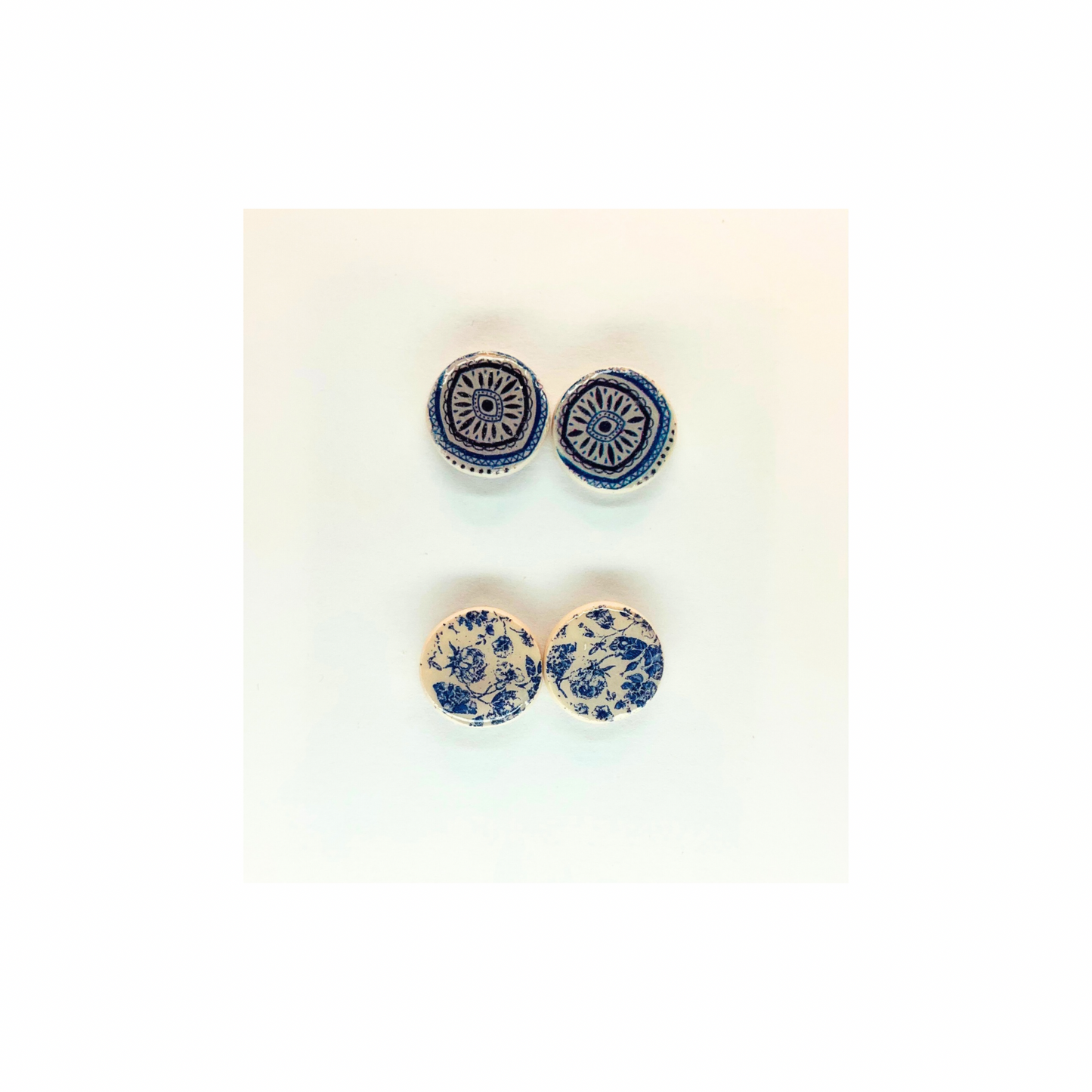 Blue and White Button Tile Stud Earrings